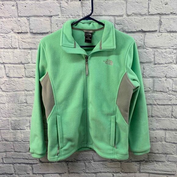 North‎ Face Fleece Jacket Girls XL Green Grey Full Zip - Picture 1 of 11